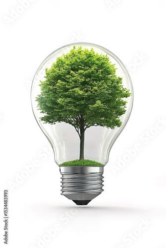 A green tree inside a light bulb, isolated on a white background. This concept represents eco-friendly energy and green technology. The image is photo-realistic.