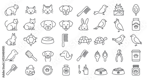 Pet care icons: cats, dogs, birds, rabbits, turtles, grooming, and feeding vector illustration