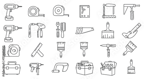 Collection of outline tools and equipment for construction and diy projects vector illustration