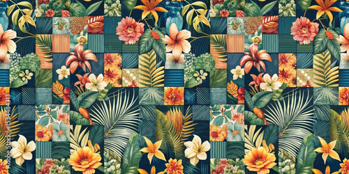 Vibrant tropical floral pattern with mixed greenery and colorful blossoms.