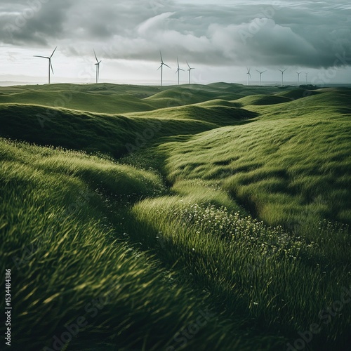 A green, grassy field with wind turbines in the background, symbolizing renewable energy and environmental protection.