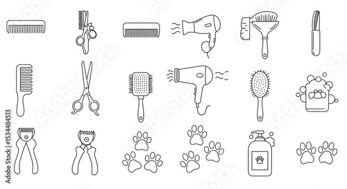 Outline illustrations of pet grooming tools and accessories including brushes and clippers vector illustration
