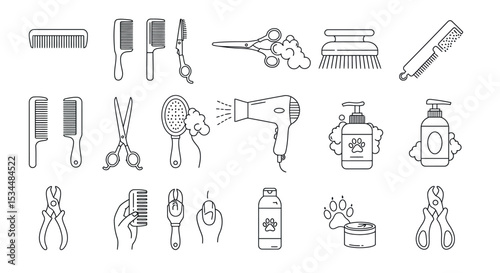 Pet grooming tools and accessories: comb, scissors, brush, dryer, shampoo, clippers vector illustration