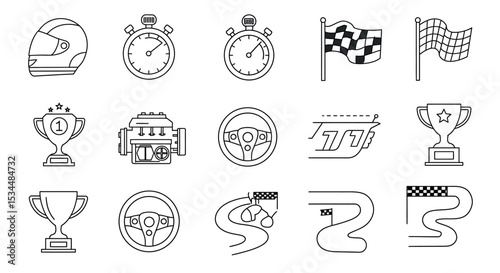 Racing icons: helmet, stopwatch, checkered flag, engine, steering wheel, trophy, track map vector illustration
