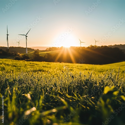 A green, grassy field with wind turbines in the background, symbolizing sustainable energy and environmental harmony. The sun is shining brightly over it, creating an atmosphere