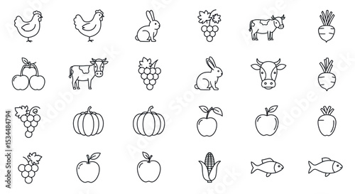 Line art icons: farm animals, fruits, and vegetables collection vector illustration