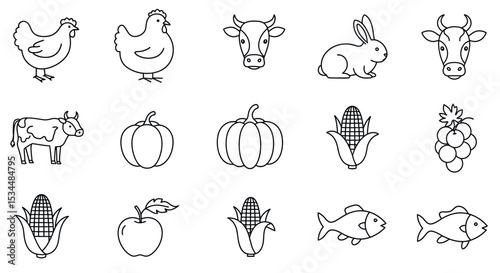 Farm animals and produce line art: chicken, cow, rabbit, corn, pumpkin, grape, fish, apple vector illustration