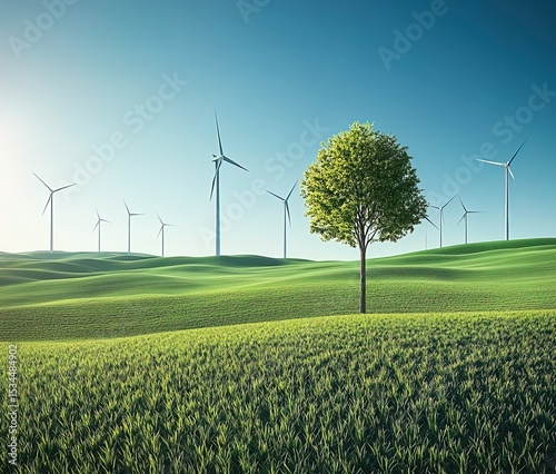 A green grassy field with wind turbines in the background, symbolizing renewable energy and environmental care. The blue sky is clear and sunny, adding to an eco-friendly scene.