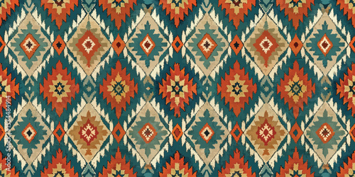 Geometric textile pattern featuring vibrant colors and intricate designs.
