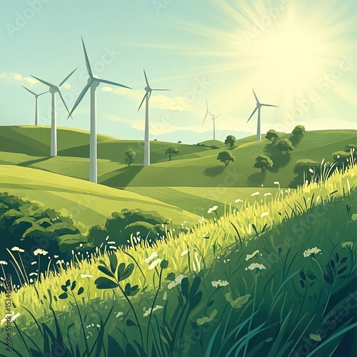 A green, grassy field with wind turbines in the background, symbolizing renewable energy and environmental harmony. The sun is shining brightly above the scene, casting long shadows