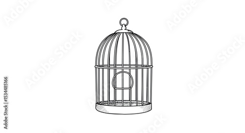 Empty birdcage illustration with perch and open door on white background vector illustration