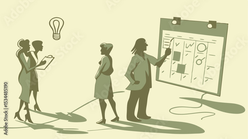 Team collaborative meeting silhouette illustration depicting the progress of business planning with a detailed business calendar.