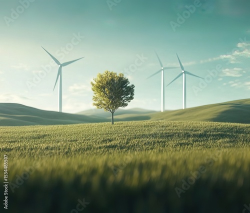 A green grassy field with wind turbines against the blue sky, representing sustainable energy and environmental protection. The focus is on one tree in front of three large white turbine blades
