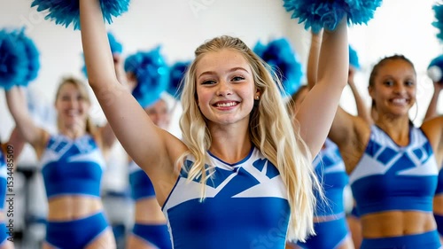 Energetic cheerleaders performing routine with vibrant pom poms in dynamic motion
