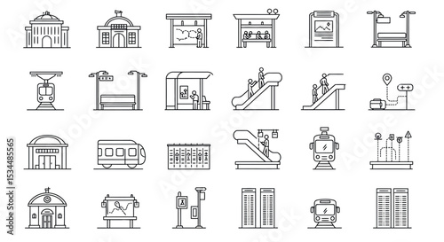 Public transport icons: trains, buses, stops, ticket booths, elevators, buildings, maps, timetables, navigation vector illustration