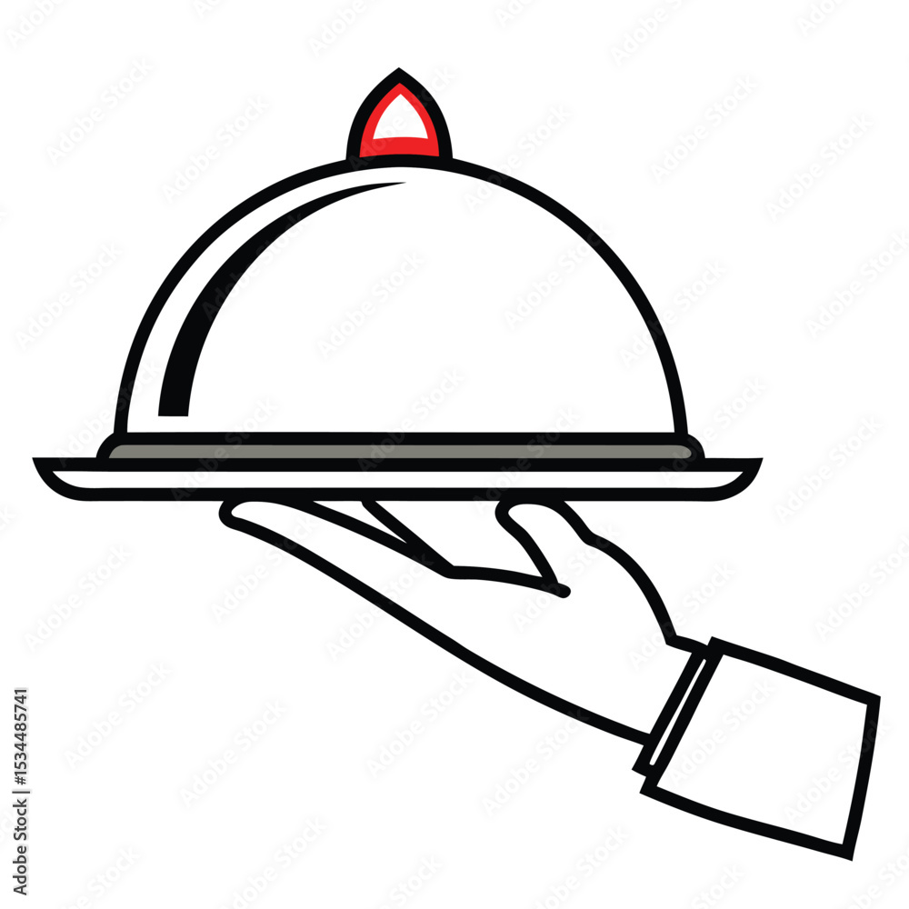 Naklejka premium Restaurant Service Hand Holding a Silver Food Dome, Elegant Culinary Illustration
