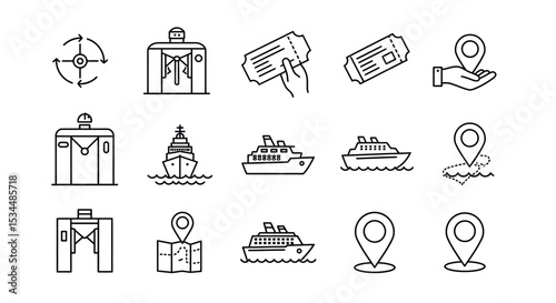 Set of black line icons featuring maps, tickets, and transportation symbols vector illustration