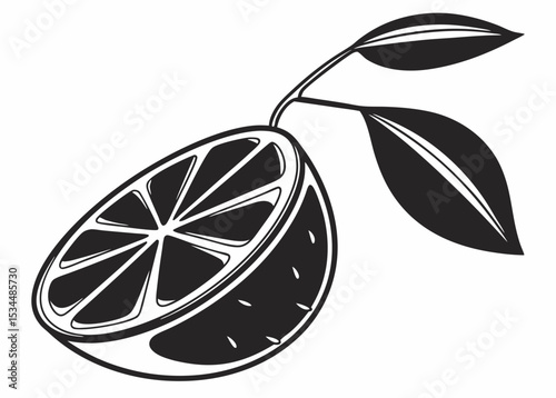 Simple black silhouette icon of an orange with a curved shape, short stem, and single leaf in flat vector style