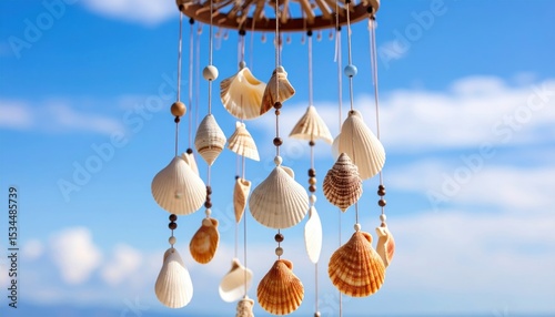 Coastal seashell wind chime swaying gently in the breeze against a bright blue sky backdrop