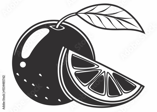Simple black silhouette icon of an orange with a curved shape, short stem, and single leaf in flat vector style