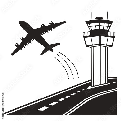 Silhouette of an airplane landing at airport with control tower.