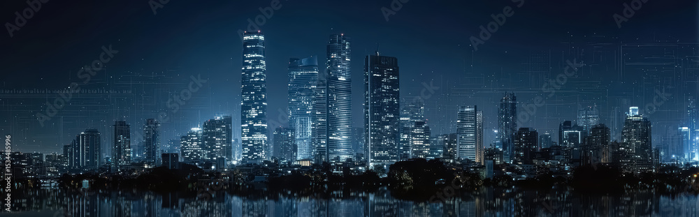 Naklejka premium Abstract neon glowing skyline cityscape background.