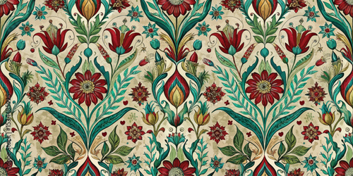 Colorful floral pattern with intricate designs featuring flowers and leaves.