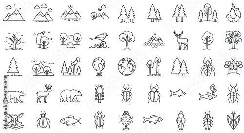 Nature and wildlife outline icons: mountains, trees, animals, earth, ocean vector illustration