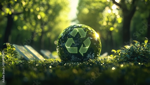 A green Earth with icons of sustainability and zero waste, including eco-friendly products like solar panels and LED lights, surrounded by lush grass or trees. The background is blurred to emphasize