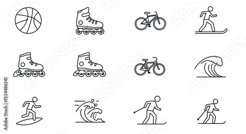 Outdoor sports icons: basketball, roller skating, cycling, surfing, skiing in simple line art vector illustration