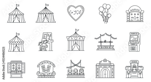 Amusement park icons: circus, arcade, fairground attractions, balloon, heart decor vector illustration