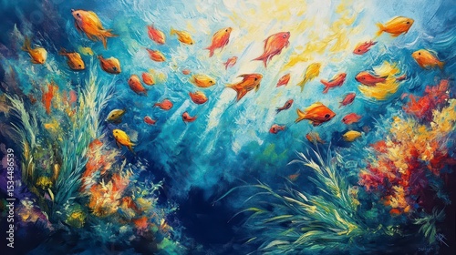 Vibrant underwater scene with coral reef and school of fish swimming towards sunlight.