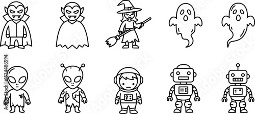 Halloween characters: vampires, witch, ghosts, alien, astronaut, robots vector illustration