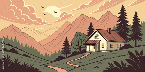 Serene Mountain Cabin Sunset Landscape Design: Perfect for Branding, Logos, and Print Media