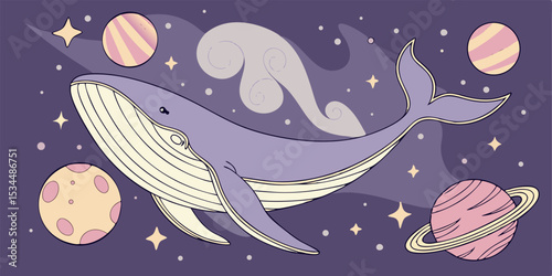 A whimsical whale gracefully swims through a pastel space landscape, surrounded by planets and stars perfect for branding and logo design.