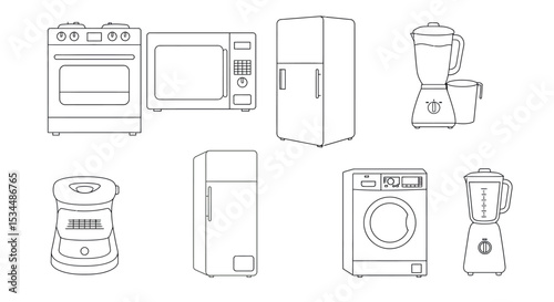 Line art of various home kitchen appliances for modern living spaces vector illustration