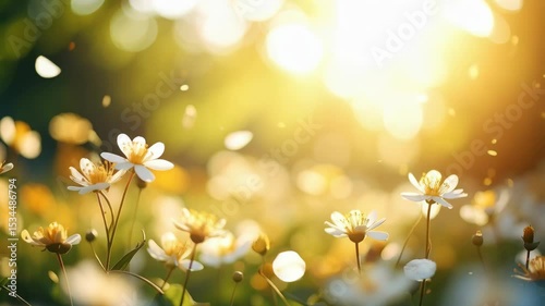 Golden light shines on meadow with wildflowers and flying petals creating a whimsical spring scene