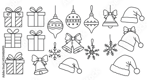 Outline of christmas gifts, ornaments, bells, snowflakes, and santa hats vector illustration