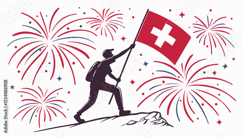 Vector scenes of national day celebration with flags of Kenya, Switzerland, and Burundi alongside vibrant fireworks, for independence day or July 