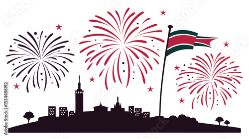 Vector scenes of national day celebration with flags of Kenya, Switzerland, and Burundi alongside vibrant fireworks, for independence day or July events.