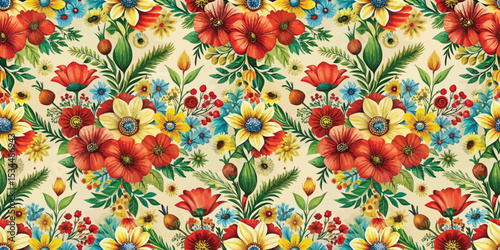Vibrant floral pattern with a mix of red, yellow, and blue flowers on a soft background.