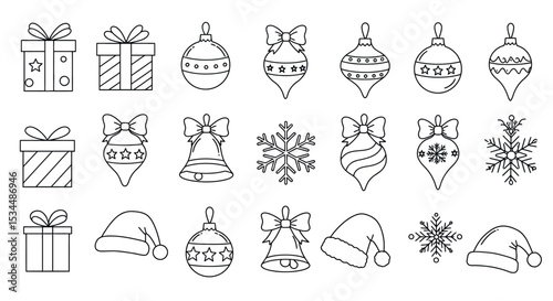 Outline illustrations of christmas ornaments: bells, snowflakes, gifts, hats, and baubles vector illustration