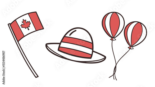 Playful vector of a red and white hat with matching balloon, perfect for party themes, Independence Day celebrations, or country-specific cultural illustrations for kids and youth.