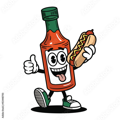 A playful cartoon of a tall glass bottle of hot sauce with big eyes, wearing sneakers