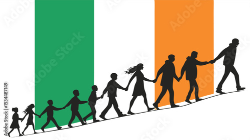 Silhouette of a family holding hands with the Ivory Coast flag, representing unity, culture, and national pride, perfect for independence day and African heritage-themed designs.