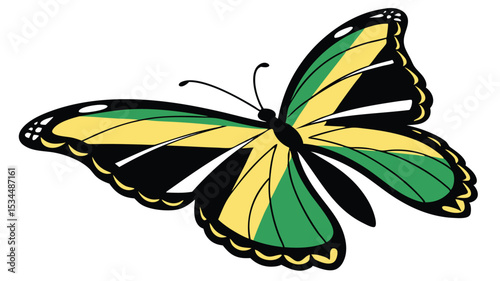 Artistic butterfly in Jamaican flag colors, symbolizing transformation, freedom, and national pride, ideal for culture-based designs, independence celebrations, and travel posters.