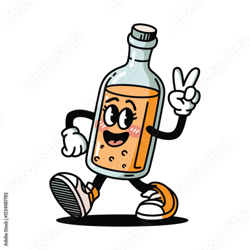 A cheerful cartoon bottle character with a glass body, wearing sneakers and gloves, is walking confidently.