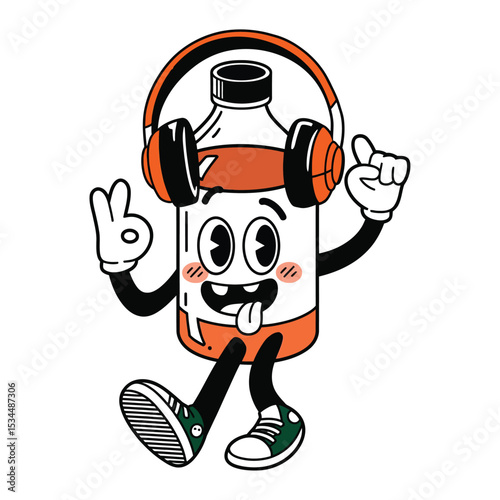 A lively cartoon bottle character with a cheerful expression, wearing large orange and black headphones
