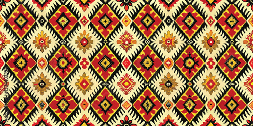 Vibrant geometric pattern with red, yellow, and black elements on a cream background.