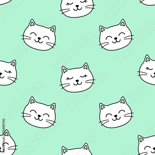 Cartoon seamless pattern of cute white cat faces isolated on mint background.